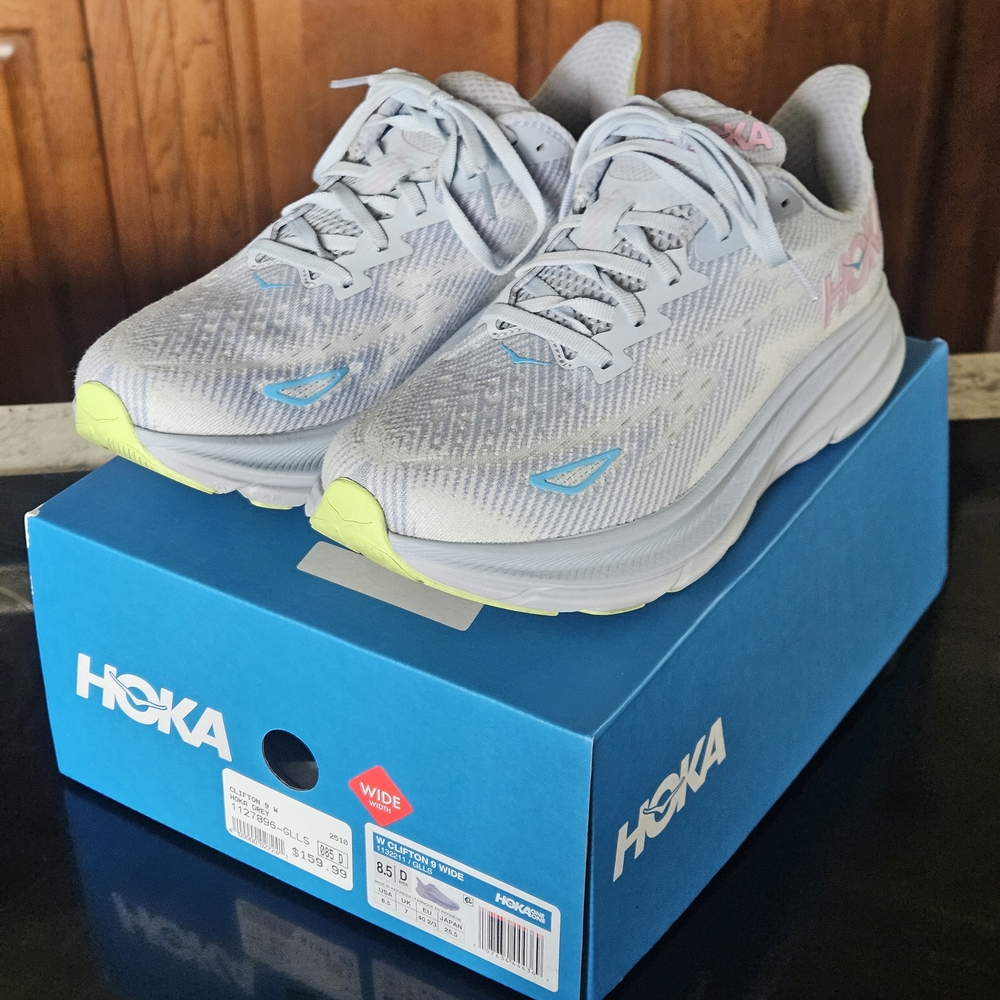 Hoka Clifton 9 Light Gray and Pink Athletic Shoes